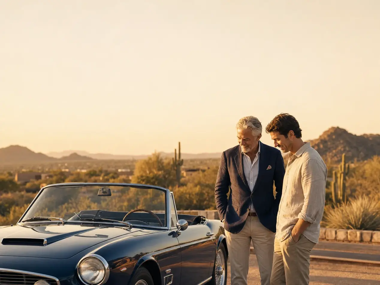 Two car enthusiasts with a classic convertible
