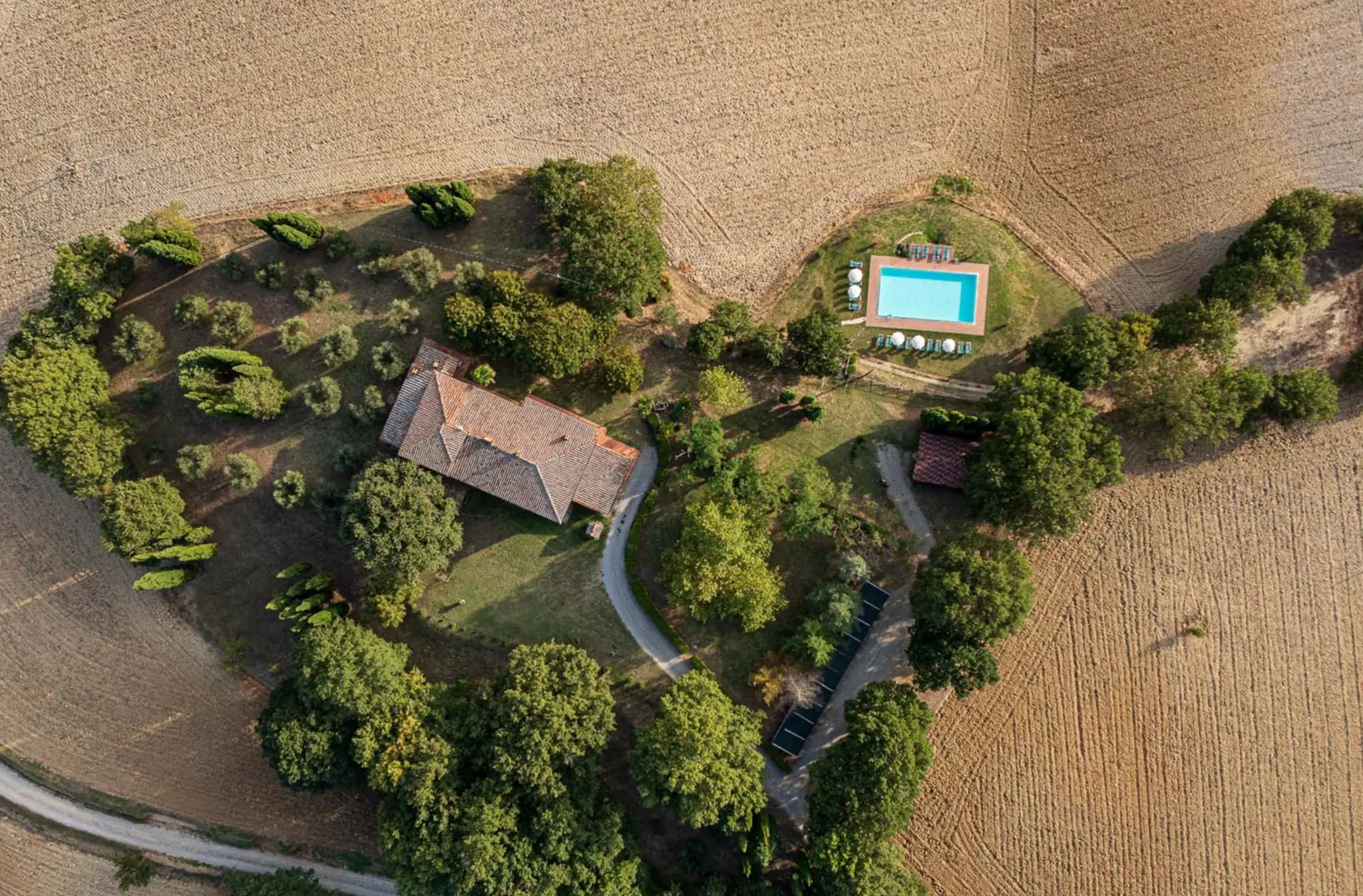 Aerial view of Villa Serenzia estate and the Val d’Orcia valley, Tuscany